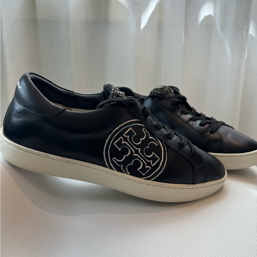 Tory Burch black leather sneakers with crystals.